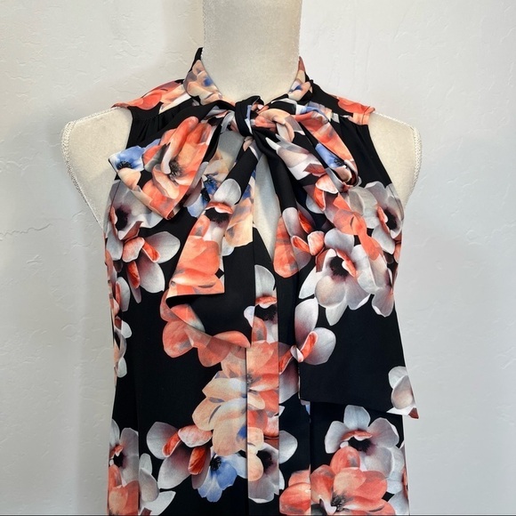 CeCe Black Floral Tie Neck Swing Shift Dress Size 0 - Picture 4 of 12